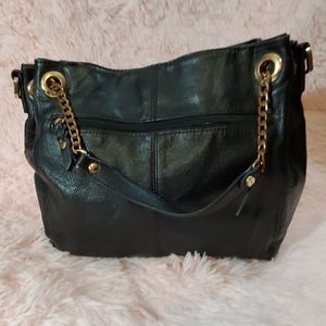 Audrey Brooke Black Leather Purse Medium Chain Detail Strap